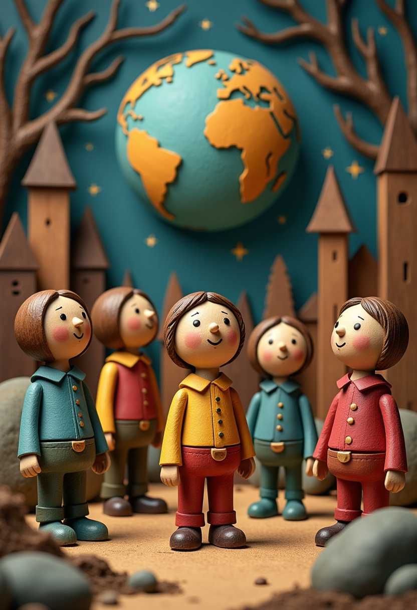 3d global mayhem
This image features 3d characters and scenery that appears to be painted wooden figures or puppets without strings. The art style is whimsical and cartoonish, with exaggerated facial features and a playful, fantastical quality.
Carved painted wooden background depicting apocalypse