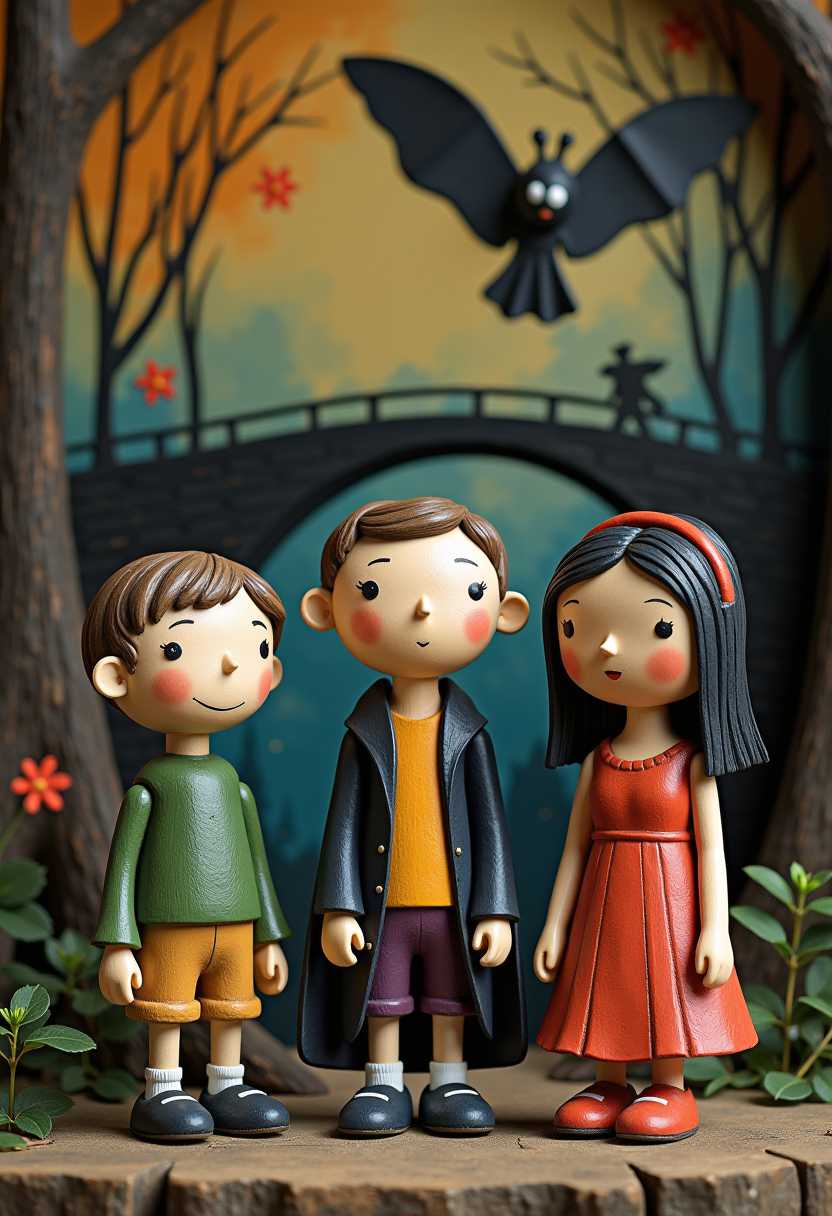 Believe in the Power of the Mothman
This image features 3d characters and scenery that appears to be painted wooden figures or puppets without strings. The art style is whimsical and cartoonish, with exaggerated facial features and a playful, fantastical quality.
Carved painted wooden background depicting a broken bridge