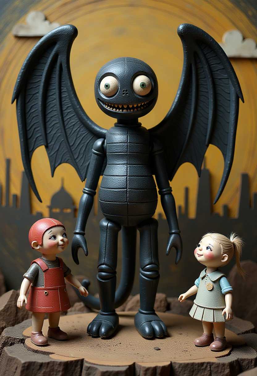 Giant Blsck Winged Monster of Chernobyl
This image features 3d characters and scenery that appears to be painted wooden figures or puppets without strings. The art style is whimsical and cartoonish, with exaggerated facial features and a playful, fantastical quality.
Carved painted wooden background depicting Chernobyl nuclear power plant