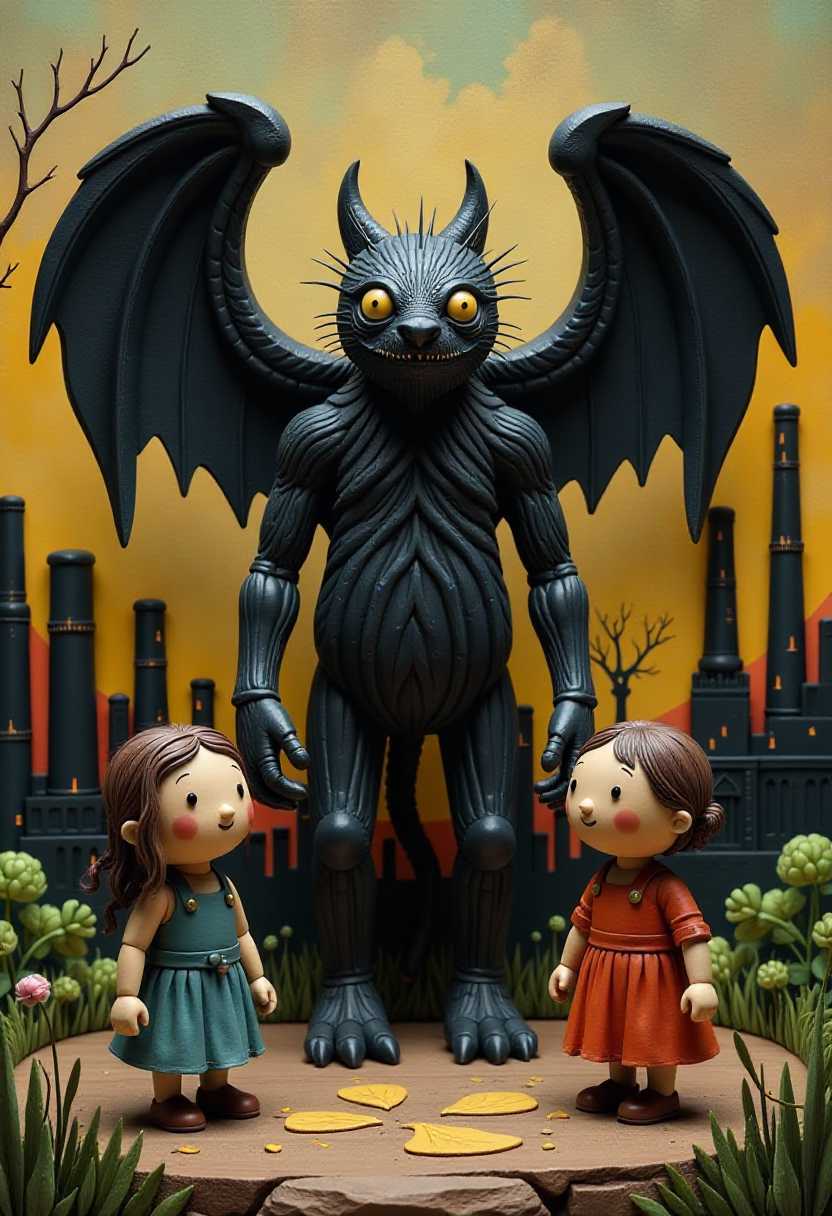 Giant Black Winged Monster of Chernobyl
This image features 3d characters and scenery that appears to be painted wooden figures or puppets without strings. The art style is whimsical and cartoonish, with exaggerated facial features and a playful, fantastical quality.
Carved painted wooden background depicting Chernobyl nuclear power plant