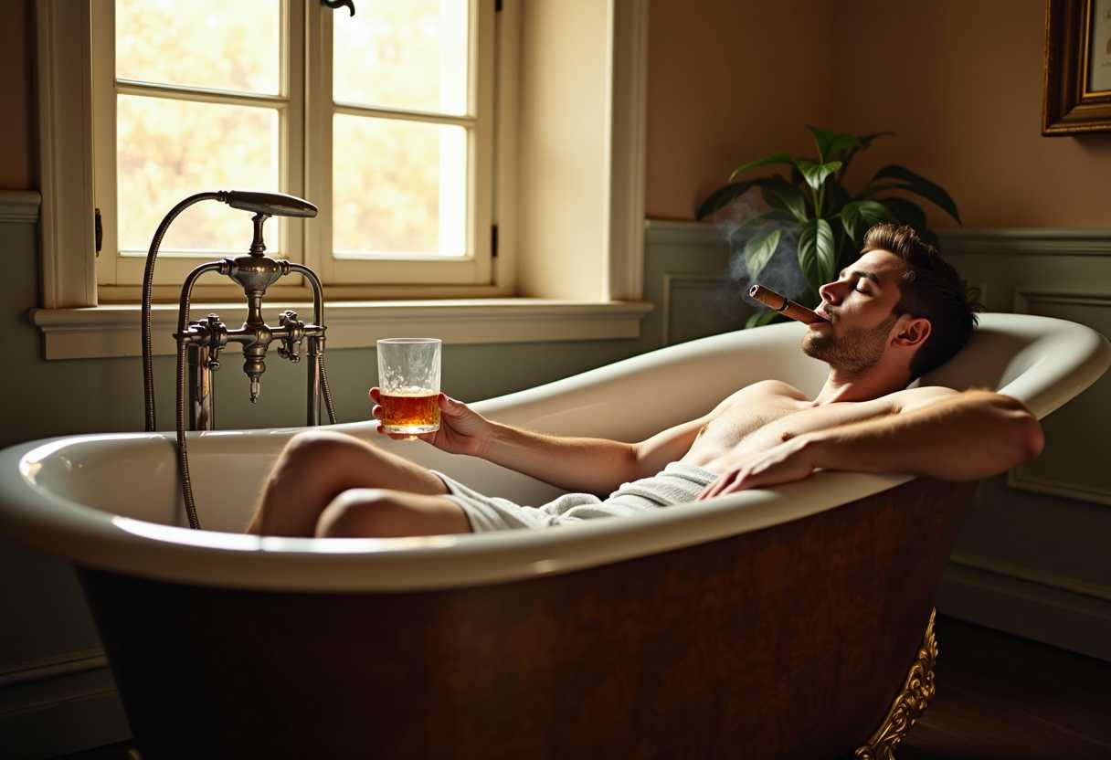 Relaxing in Luxury Man Soaks in Bathtub with Drink and Cigar