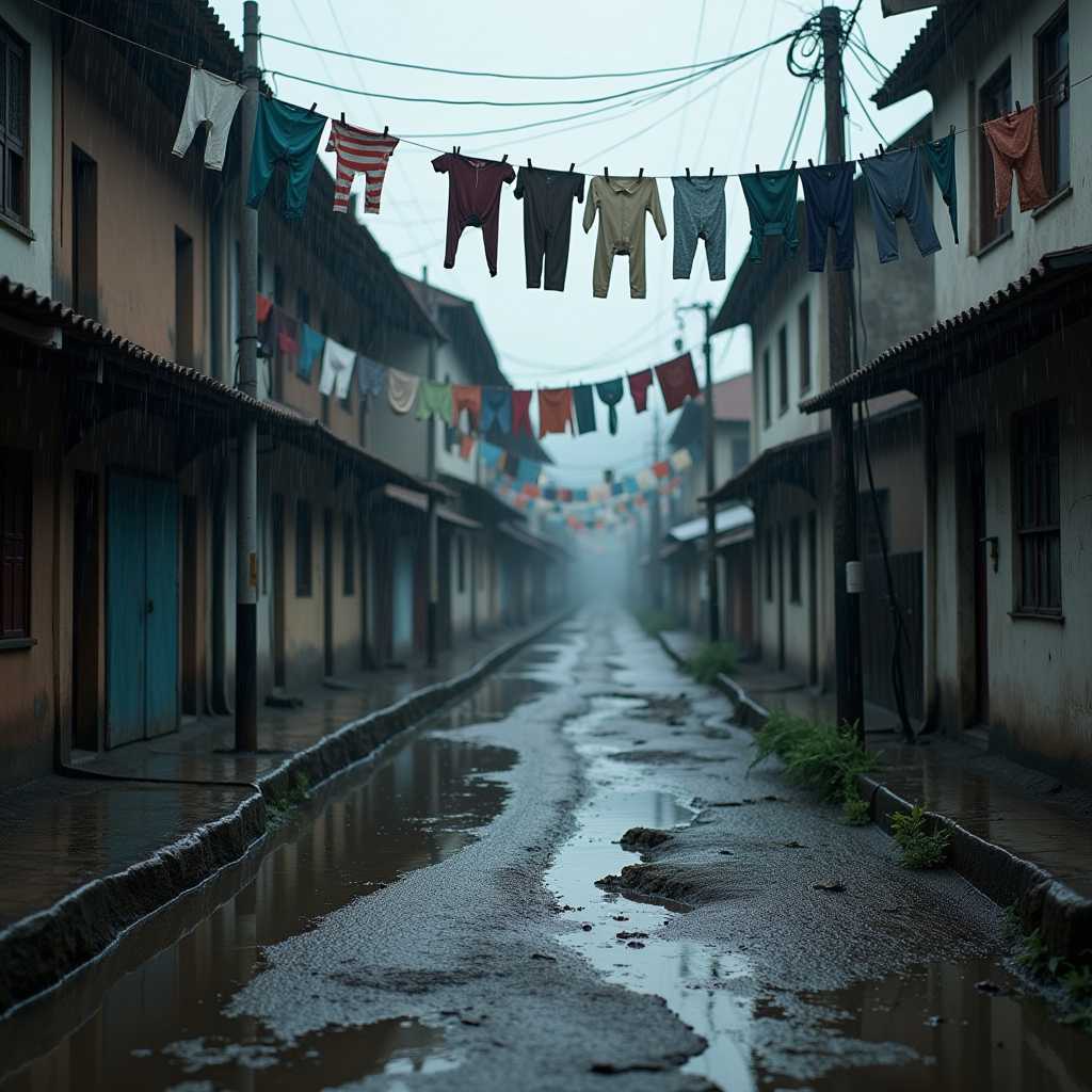 A dark twisted road of a slum road, in knee deep dirty water. old shattered clothes hanged to dry on ropes crisscrossed on the street, raining heavily. ultra-realistic photography