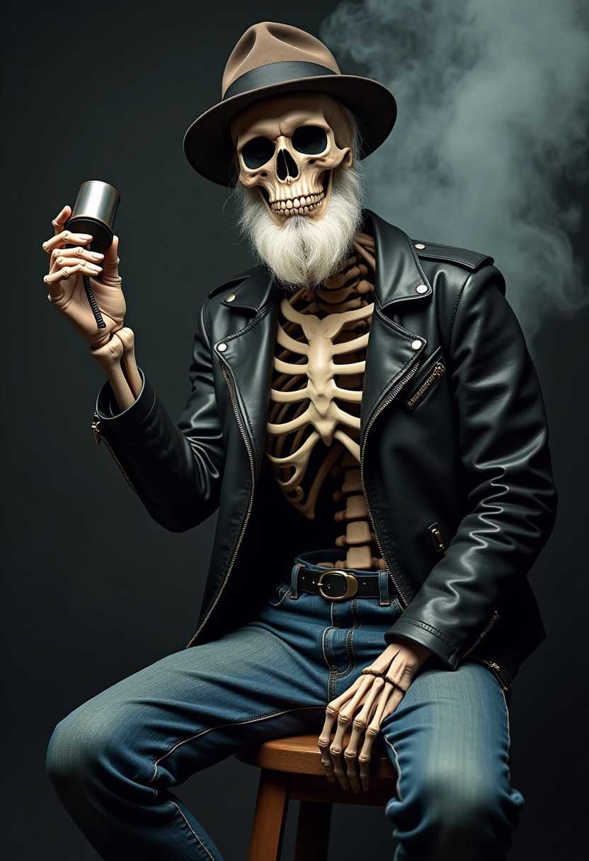 Photo shoot with an attractive, male full skeleton with a steam whistle in hand, only bones left, with a full beard, hair and hat, in jeans, leather jacket, open shirt. It's sitting on a stool, slightly bent and looking at the camera. Dark anthracite background, fog from the side. Creepy, real photography, HDR, studio light.