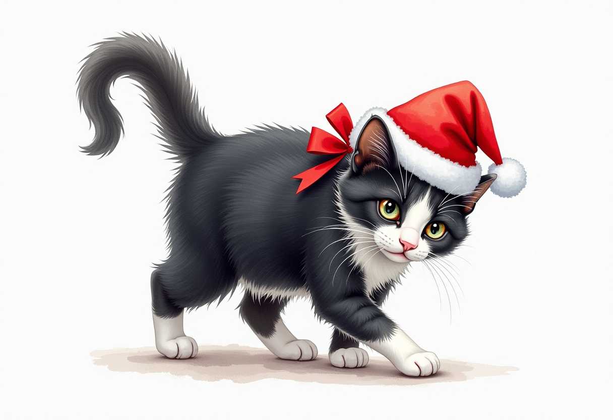 Adorable Tuxedo Cat with Santa Hat and Holiday Bow