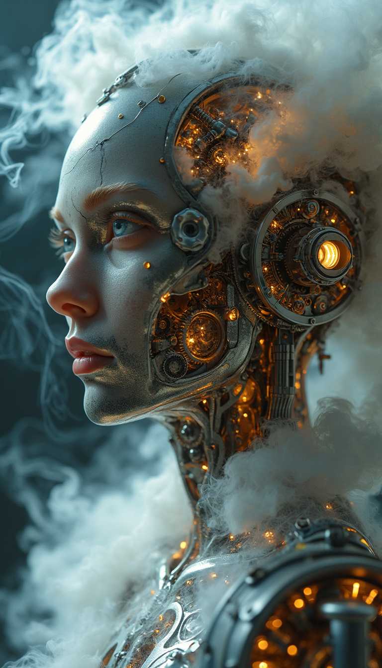 Enigmatic Cybernetic Entity Amidst a Whirlwind of Steam