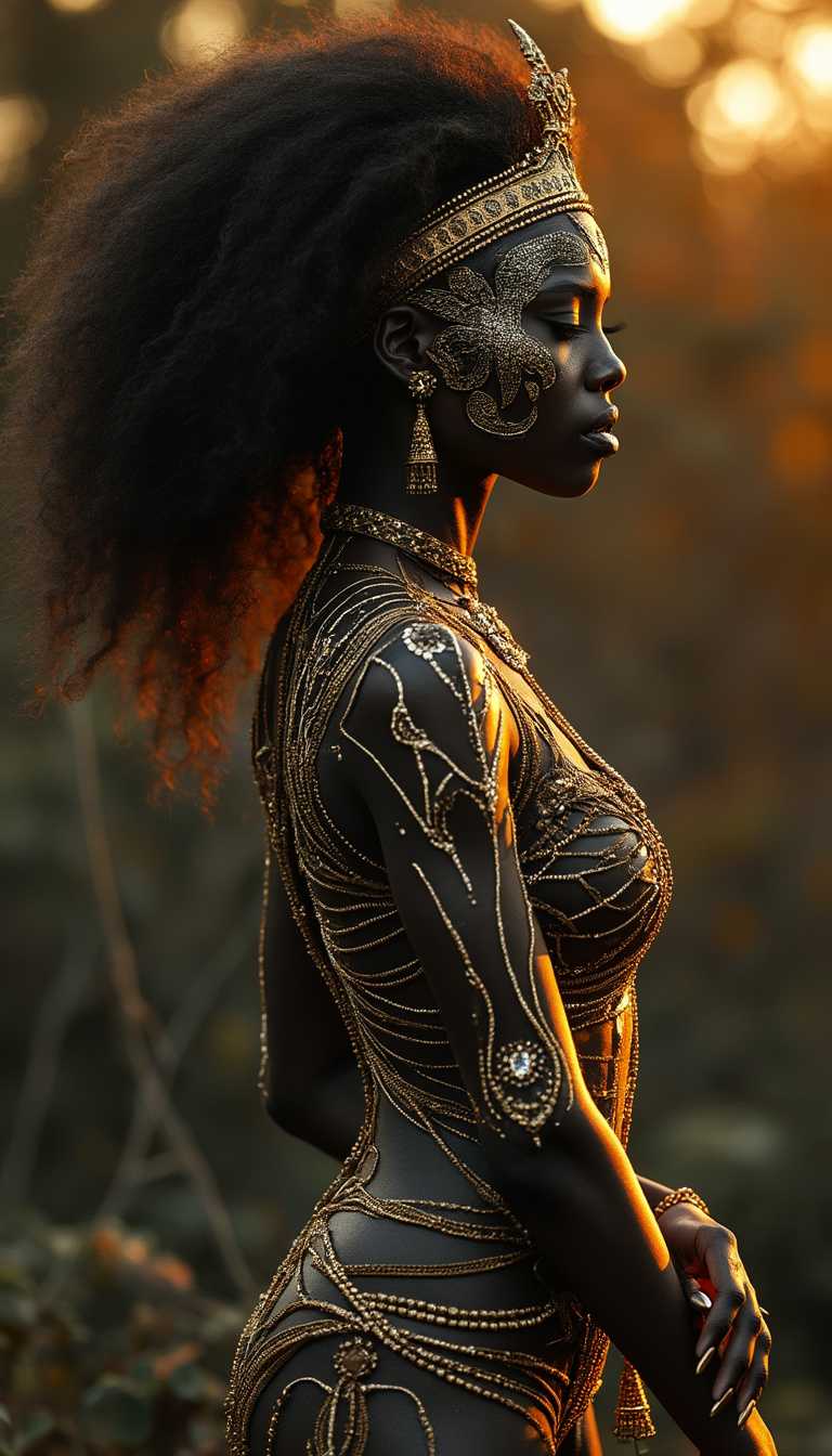 Black woman, , see through diamond skin, demonic and angelic, african bone structure
