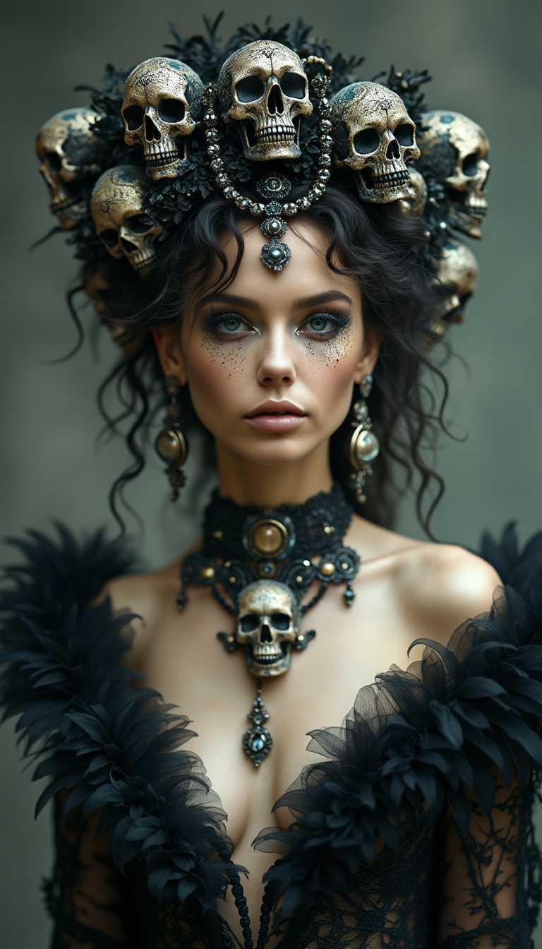 The image features a woman adorned with intricate, skull-themed accessories that blend seamlessly into her luxurious attire, reflecting a unique juxtaposition of elegance and edginess. The composition is striking, with the subject centrally framed against a softly blurred background that enhances her ethereal presence. Soft, diffused lighting casts a gentle glow on her skin, highlighting the delicate details of her jewelry while creating a mystical ambiance. The overall genre leans toward high-fashion fantasy, evoking a sense of otherworldliness, as if the woman is a magical creature emerging from a dream. The use of rich textures and a palette that balances dark and light elements adds depth, making the image both captivating and hauntingly beautiful.

