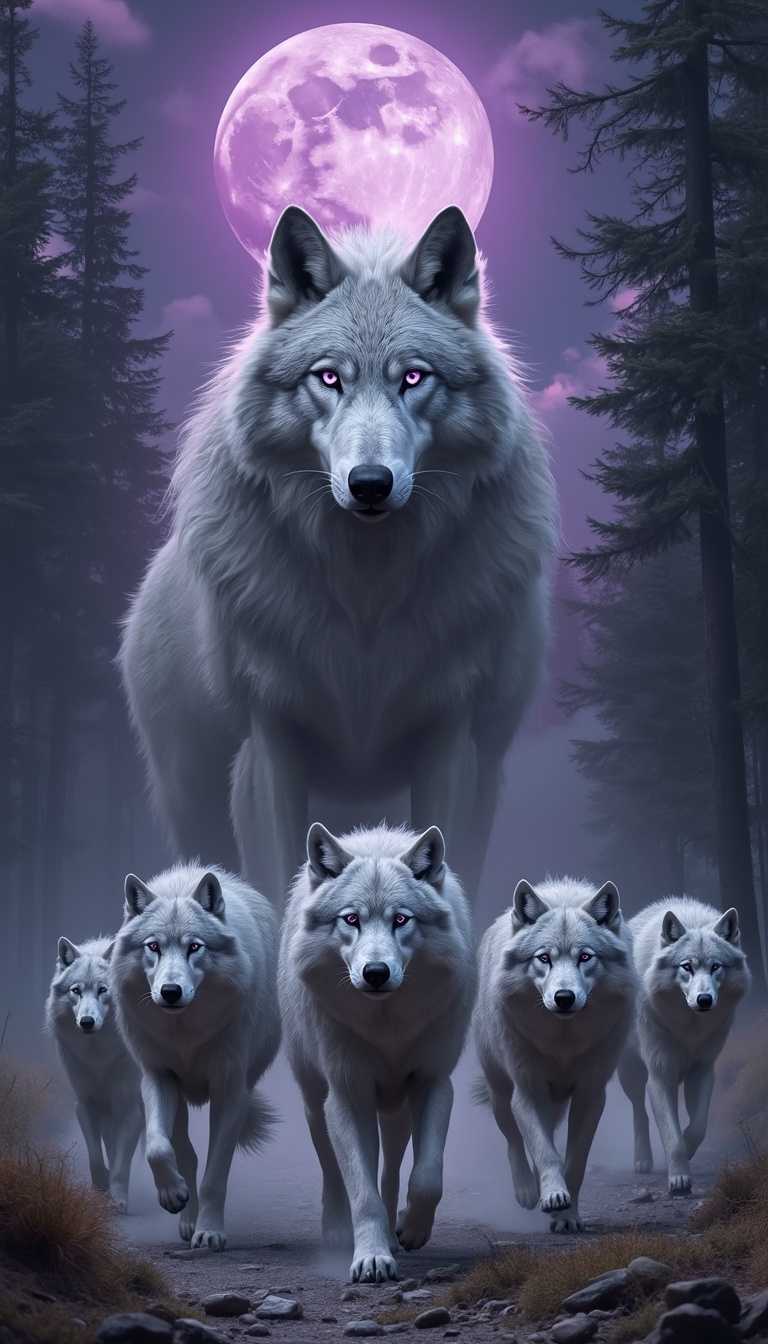 Majestic Wolf Pack under a Purple Moon