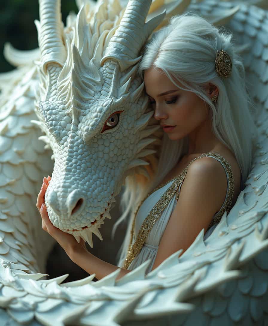 Enchanting Fantasy A White Dragon and its Adoring Companion