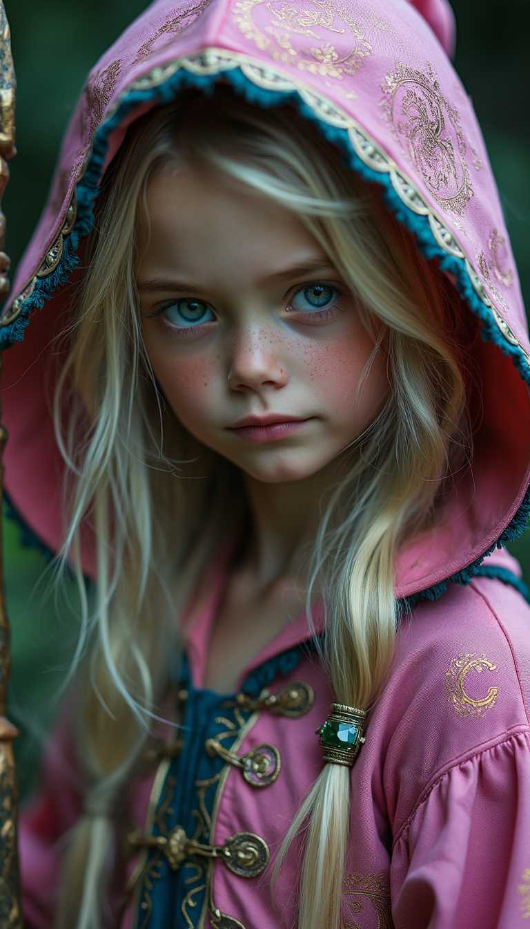 In the dark image, a pink  hooded with soft blue accents, wizard girl alongside her magical staff with a green emerald meets the magical creatures, where the brave embark on quests unchained. Her youthful appearance is youthful with soft and petit face features. Her outfit, carved from intricate textiles with golden stitching and arcane writing. Eerie echoes dance with the grime, as magic souls paint their dark fantasy rhyme. It's a cinematic world, where every bark tells her tale, every shadow holds her secrets, and every corner remember her draconic companion. This is the canvas of the night, where the bold confront the test, and the mysteries of the unknown are etched in vibrant unrest. photo, dark fantasy, cinematic. Her appearance is composed of vivid blonde hair, blue eyes, smooth porcelain like skin, messy bangs of hair with a particularly long bang crossing her face to her chin. She is adorned with intricate arcane circles of magic behind her, glowing in vivid roses and violet blue. Her face is partially obscured in shadows from her hood, with a smirk only being noticed on her beautiful face
