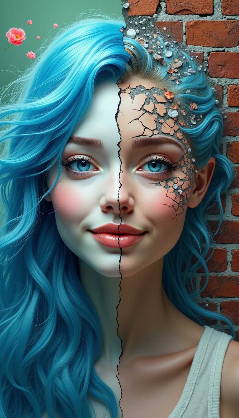 Midjourney_Whisper, 
In a photorealistic surrealism style, the image presents two contrasting portraits of a woman's face, merging elements of both prompts. On the left, a woman with porcelain white skin and striking blue eyes beams with a curious smile, her bright blue hair flowing like liquid light, creating a vibrant aura around her. On the right, the second portrait deconstructs this beauty, showcasing a fragmented visage with cracks and missing pieces, reminiscent of a cityscape in decay. The background transitions from a neon green city pulsating with life to a brick pattern that suggests time's relentless wear, symbolizing the juxtaposition of vibrancy and degradation.

The ethereal presence of the left face, surrounded by swirling colors, represents hope and curiosity, while the right face embodies the haunting reality of human fragility. As the flowing hair merges into the abstract swirls, it contrasts sharply with the rigid, damaged features on the right, evoking a sense of loss and nostalgia. This art piece delves deep into the duality of existence, exploring how beauty and decay coexist, each perspective revealing a different truth about the human experience. The overall composition invites viewers to reflect on the tension between vibrancy and vulnerability, illuminating the complexities of identity in a rapidly changing world.