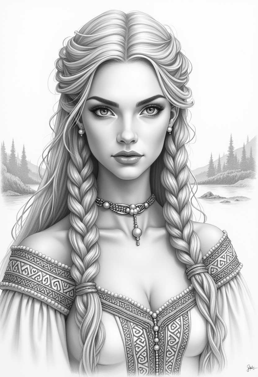 A finely detailed pencil sketch capturing a stunning Nordic princess. Her long, flowing hair cascades down her back with intricate braids and delicate strands framing her face. The drawing emphasizes the texture of her hair, each strand meticulously sketched to convey movement and volume. Her face exudes regal beauty with sharp features, high cheekbones, and expressive eyes that hint at wisdom and strength. She's adorned in an elegant traditional Nordic dress, richly detailed with ornate patterns resembling ancient Scandinavian motifs. The background is subtly suggested with light pencil strokes, hinting at a serene Nordic landscape with rolling hills and distant forests, adding depth and atmosphere. The overall composition centers her noble posture, drawing attention to her serene and commanding presence, with soft shading techniques used to create depth and contrast, enhancing the ethereal and timeless quality of the artwork.
