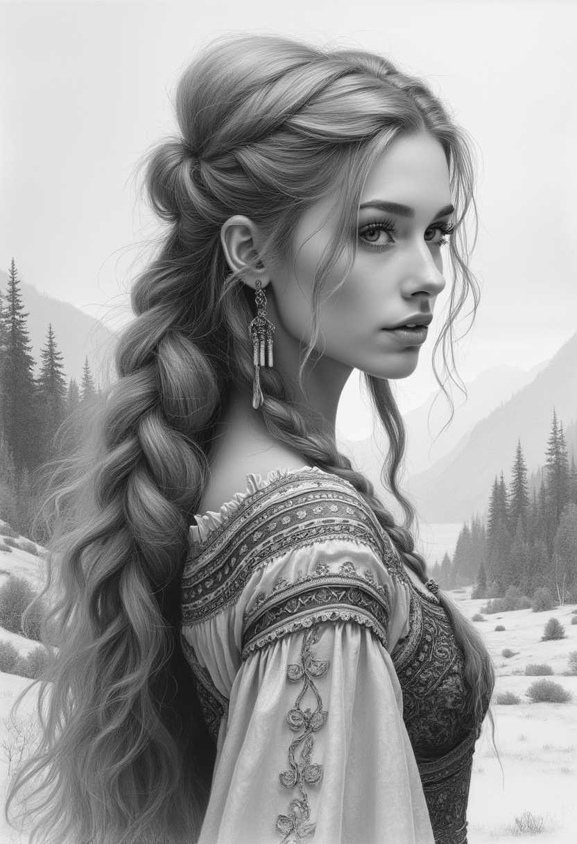 A finely detailed pencil sketch capturing a stunning Nordic princess. Her long, flowing hair cascades down her back with intricate braids and delicate strands framing her face. The drawing emphasizes the texture of her hair, each strand meticulously sketched to convey movement and volume. Her face exudes regal beauty with sharp features, high cheekbones, and expressive eyes that hint at wisdom and strength. She's adorned in an elegant traditional Nordic dress, richly detailed with ornate patterns resembling ancient Scandinavian motifs. The background is subtly suggested with light pencil strokes, hinting at a serene Nordic landscape with rolling hills and distant forests, adding depth and atmosphere. The overall composition centers her noble posture, drawing attention to her serene and commanding presence, with soft shading techniques used to create depth and contrast, enhancing the ethereal and timeless quality of the artwork.