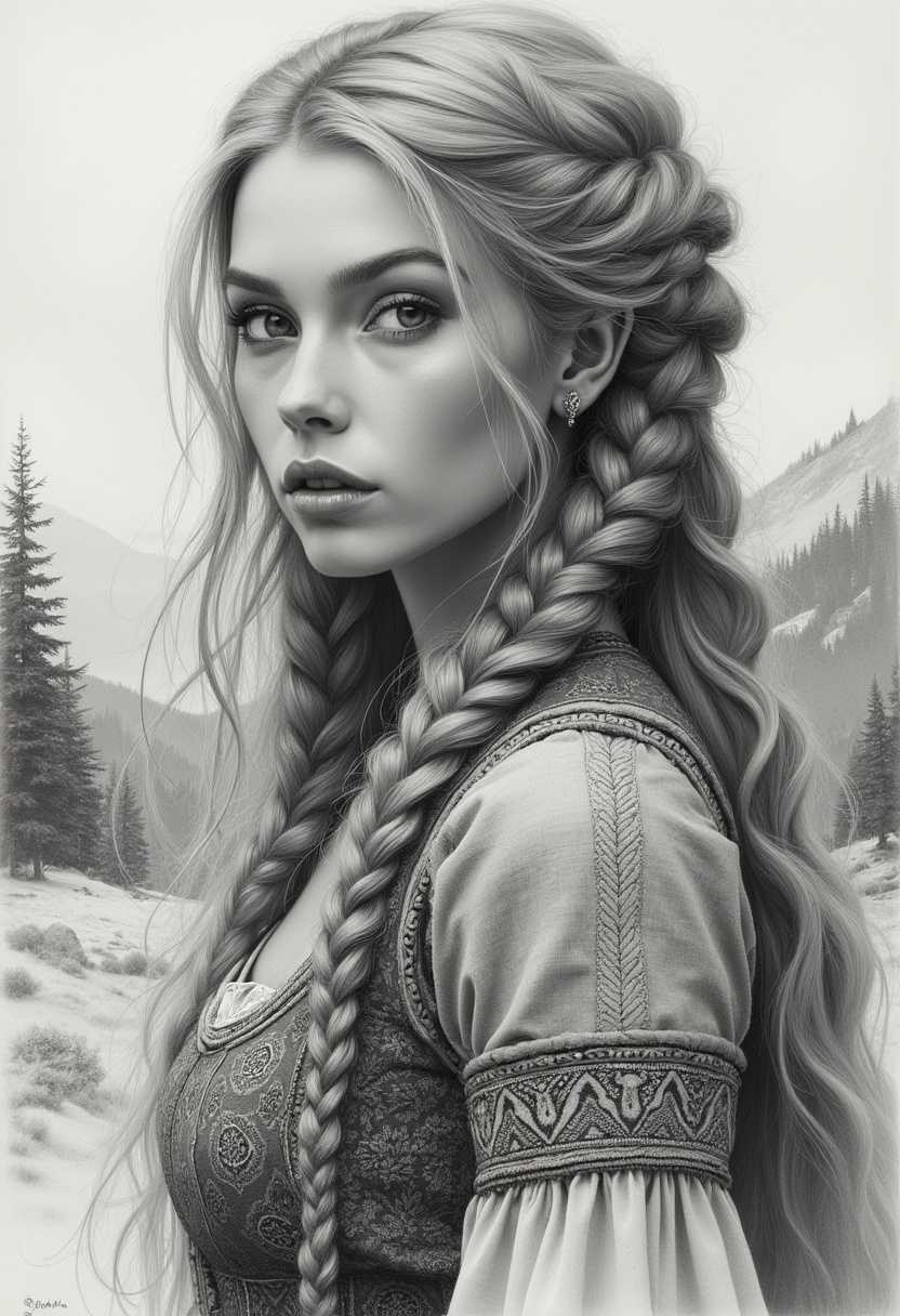 A finely detailed pencil sketch capturing a stunning Nordic princess. Her long, flowing hair cascades down her back with intricate braids and delicate strands framing her face. The drawing emphasizes the texture of her hair, each strand meticulously sketched to convey movement and volume. Her face exudes regal beauty with sharp features, high cheekbones, and expressive eyes that hint at wisdom and strength. She's adorned in an elegant traditional Nordic dress, richly detailed with ornate patterns resembling ancient Scandinavian motifs. The background is subtly suggested with light pencil strokes, hinting at a serene Nordic landscape with rolling hills and distant forests, adding depth and atmosphere. The overall composition centers her noble posture, drawing attention to her serene and commanding presence, with soft shading techniques used to create depth and contrast, enhancing the ethereal and timeless quality of the artwork.