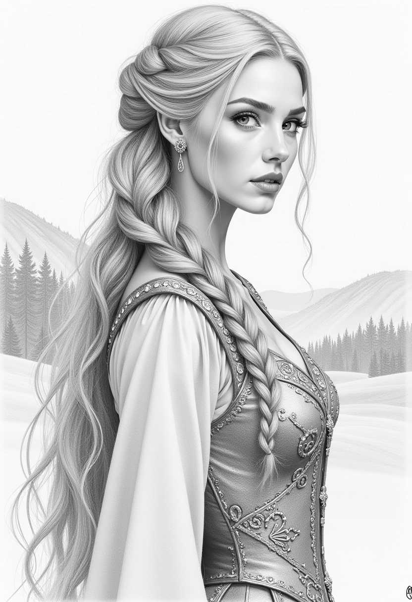 Pencil sketch of a stunning Nordic princess, richly detailed and intricately designed. Her long, flowing hair, with elaborate braids and delicate, loose strands, cascades elegantly down her back, crafted with meticulous attention to texture, suggesting motion and volume. Her face, the epitome of regal beauty, with sharp, well-defined features, high cheekbones, and expressive eyes that convey wisdom and strength, is the centerpiece of the image. She's dressed in an elegant traditional Nordic gown, adorned with elaborate patterns reminiscent of ancient Scandinavian motifs, highlighting the cultural richness of the attire. The background is softly rendered with light pencil strokes, subtly suggesting a serene Nordic landscape of rolling hills and distant forests, enhancing the depth and atmosphere. The composition is balanced with her noble posture at the center, evoking a commanding yet serene presence. Soft shading techniques accentuate depth and contrast, lending the artwork an ethereal, timeless quality. The sketch embodies a classic, historical art style with a focus on fine details and texture, bringing the majestic character to life.