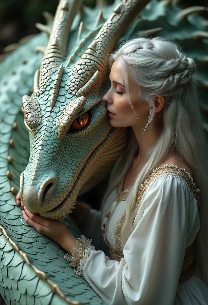 cinematic photo . A beautiful slavic princess, flowing white hair, dressed in a slavic folk dress, stroking the head of a giant majestic dragon adorned with shimmering, looks into fragon's eyes, iridescent scales, the dragon curled protectively around her, his massive body and wings shielding her, a deep bond of trust and love evident between them, the dragon humbly receiving her tender gesture, creating a magical and intimate moment.     . 35mm photograph, film, bokeh, professional, 4k, highly detailed
