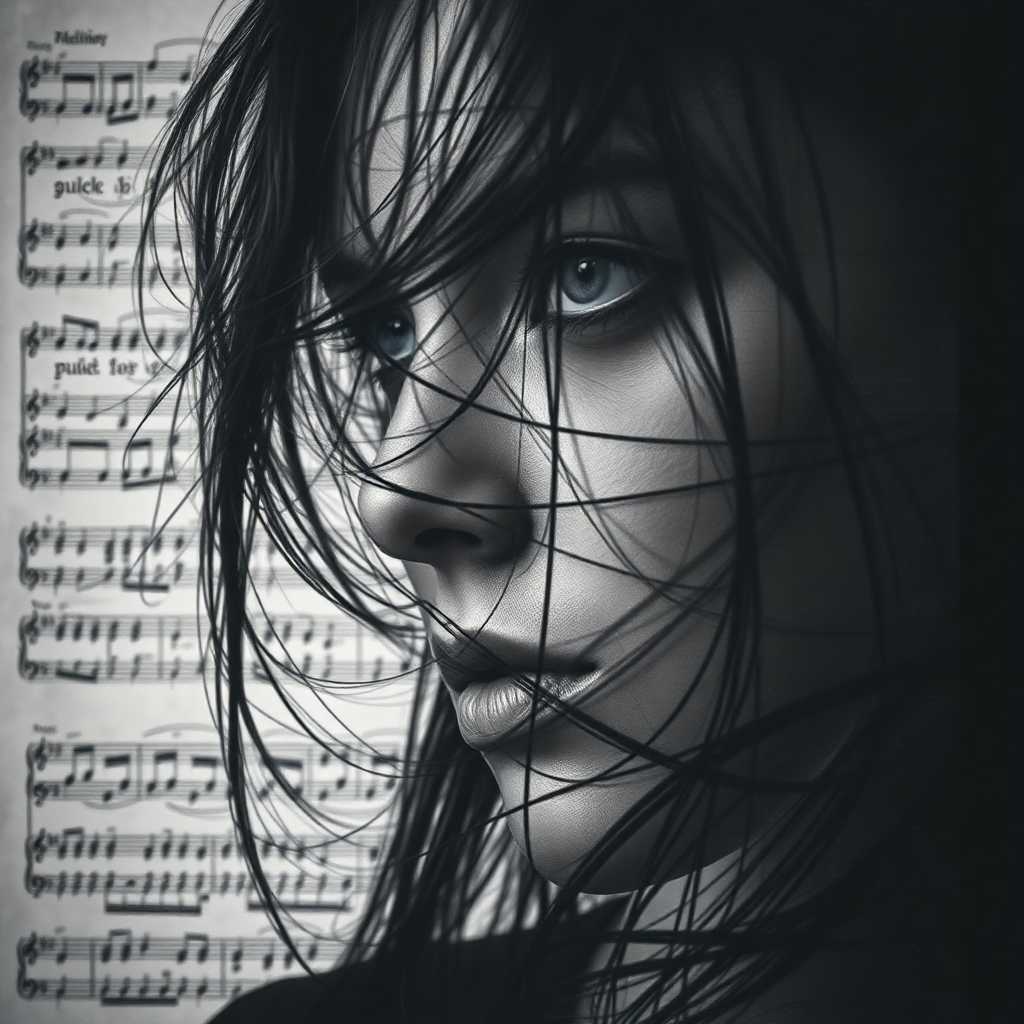 bo-exposure, Aesthetic black and white composition featuring a close-up of a figure with wispy hair partially obscured, surrounded by chaotic, hand-drawn black lines that appear to enhance the emotional intensity of the scene. The background is filled with faded sheet music, showcasing intricate notes and staff lines, conveying a sense of nostalgia and music's profound impact. The overall mood is contemplative and artistic, blending realism with impressionistic elements, using contrasting light and shadow to create depth. The colors are monochromatic with rich blacks and soft grays, evoking a timeless, reflective atmosphere.  bo-exposure, double exposure,
