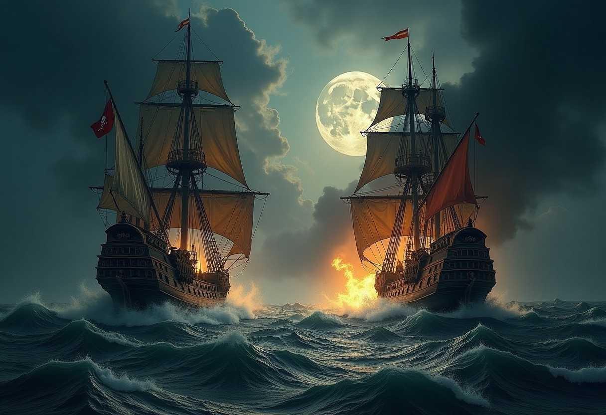 Two 17th-century warships engaged in battle on a tumultuous sea at night. One ship is a pirate vessel with tattered sails and a fierce skull flag, while the other is a majestic Spanish galleon, its ornate details gleaming even in the dark. The scene is illuminated by the flash of cannon fire, casting dramatic shadows and reflections on the churning water below. Dark smoke billows from the cannons, intertwining with an eerie fog that envelops both ships, creating a sense of chaos and danger. The sky is filled with dark clouds, and the faint glow of the moon breaks through, adding to the atmospheric tension of the moment. The water is choppy, with waves crashing against the hulls of the ships, intensifying the fierce struggle between these two formidable forces