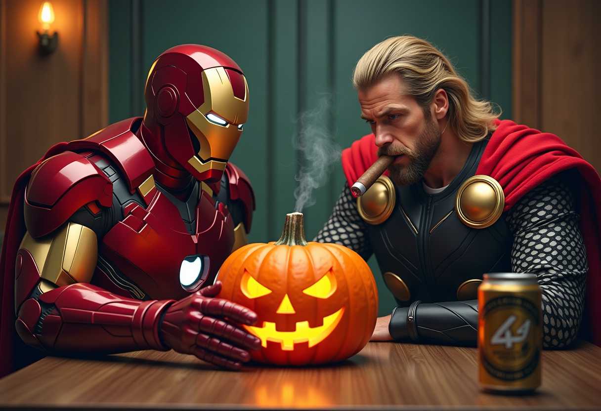 ironman and thor sitting at a table carving pumpkins, smoking cigars, beer cans on table, realistic