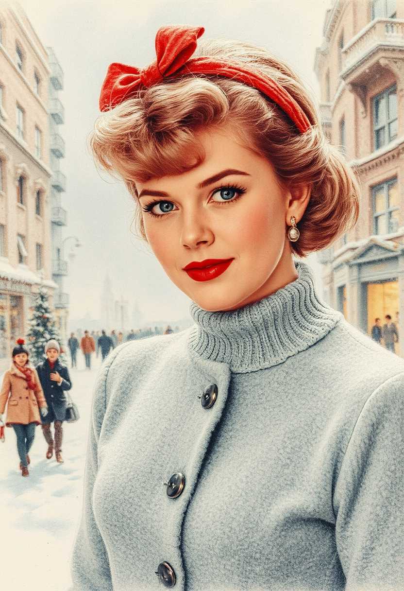 colored pencil sketch of a 1950s young lady, urban background, snow, xmas