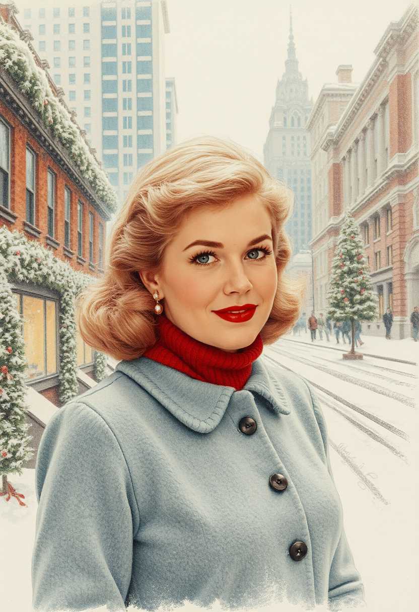 colored pencil sketch of a 1950s young lady, urban background, snow, xmas