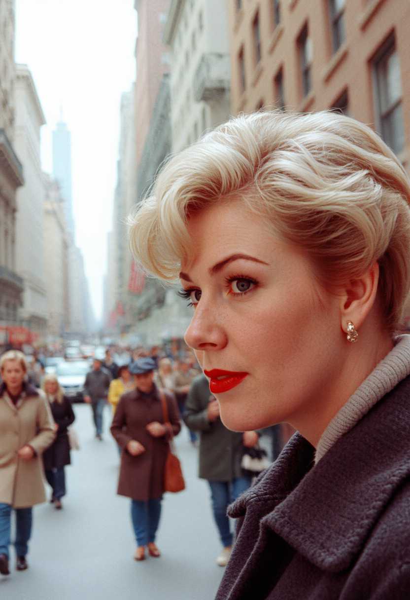 1950s colored photo,new york street scene, include closeup of a woman's face