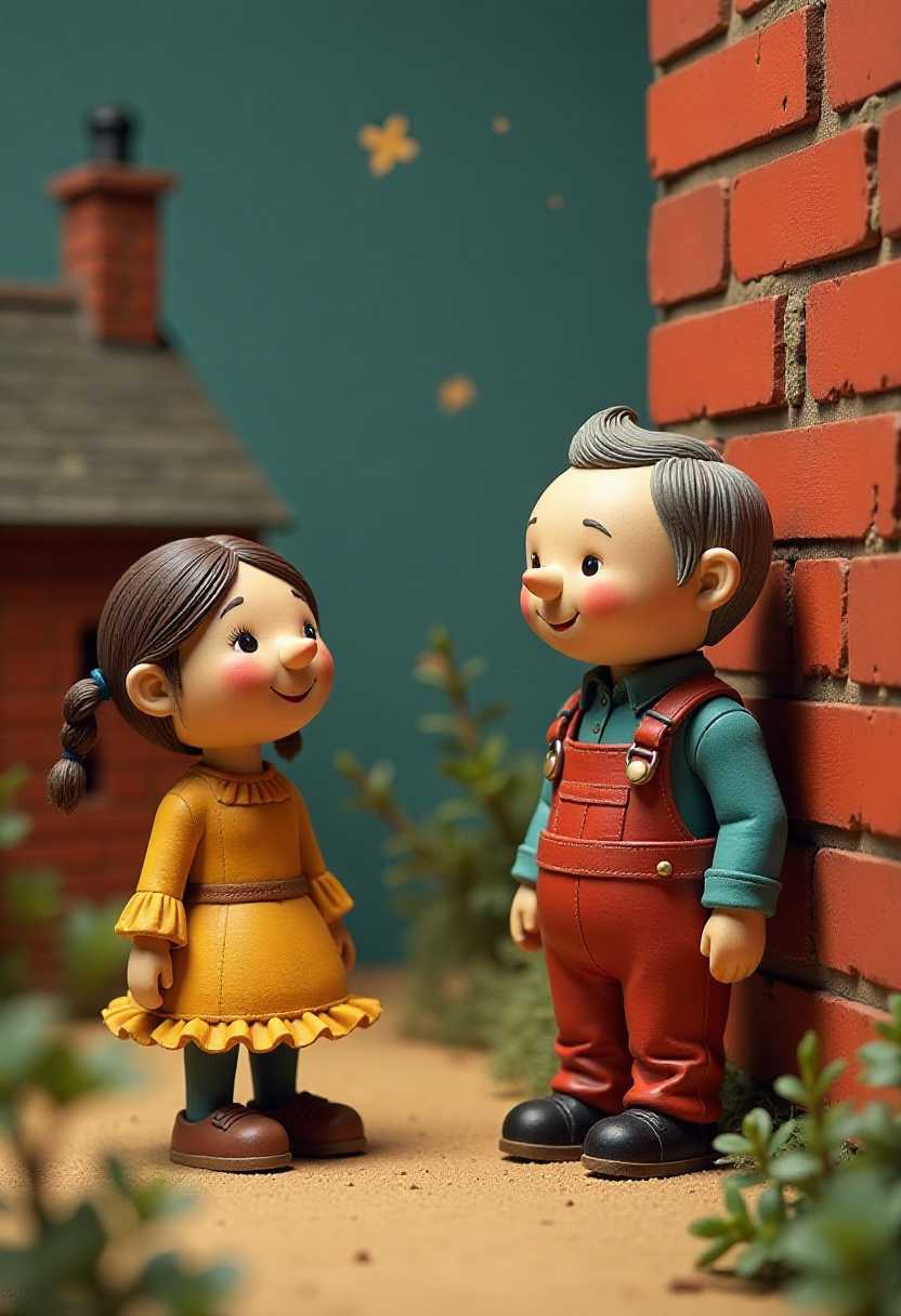 Two charming toy figures in a whimsical outdoor setting