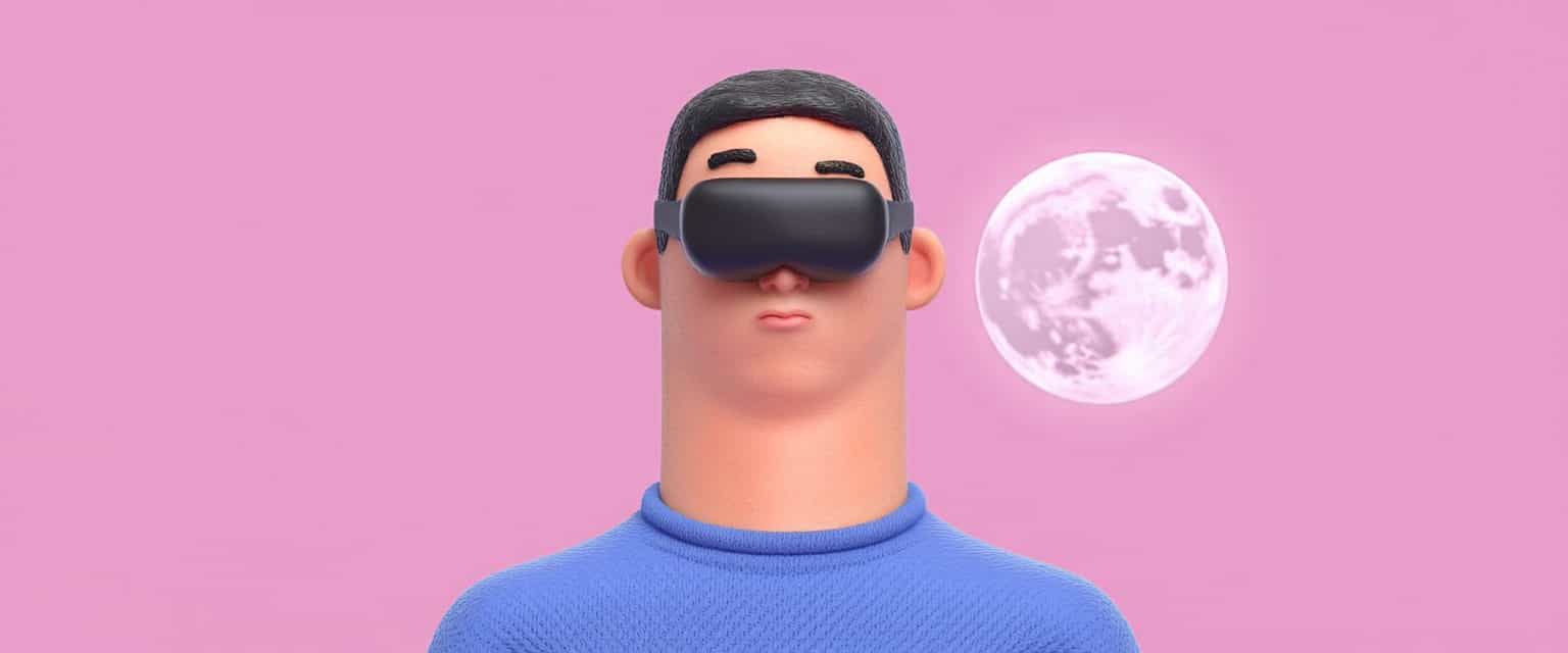 Minimal Design, a photo of thin VincentD with blue tee-shirt  wearing a virtual reality headset, moon background