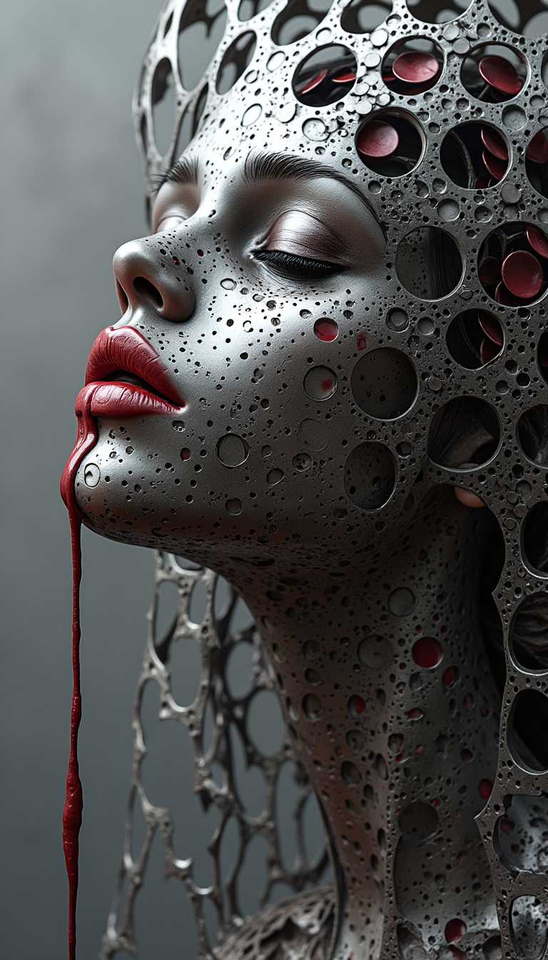 Midjourney_Whisper, In a style reminiscent of Lattice, envision a small silver metal sculpture that presents a series of interlinked circles, each one reflecting a unique aspect of interconnectedness and harmony. However, this artwork gains a darker twist, as the circles morph into abstract representations of a young lady with blood dripping from her lips, her evil expression captured in the intricate design. The interconnected circles evoke a sense of chaos and allure, inviting viewers into a realm where beauty meets the macabre.

The sculpture, appearing as if composed of fractured metal plates, skillfully weaves together motifs of innocence and malevolence. The craftsmanship draws attention not only to the individual circle forms but also to the overall composition, which hints at the duality of the young lady's character. The backdrop of her bedroom, subtly suggested in the design, adds an eerie ambiance that resonates with a Halloween night theme.