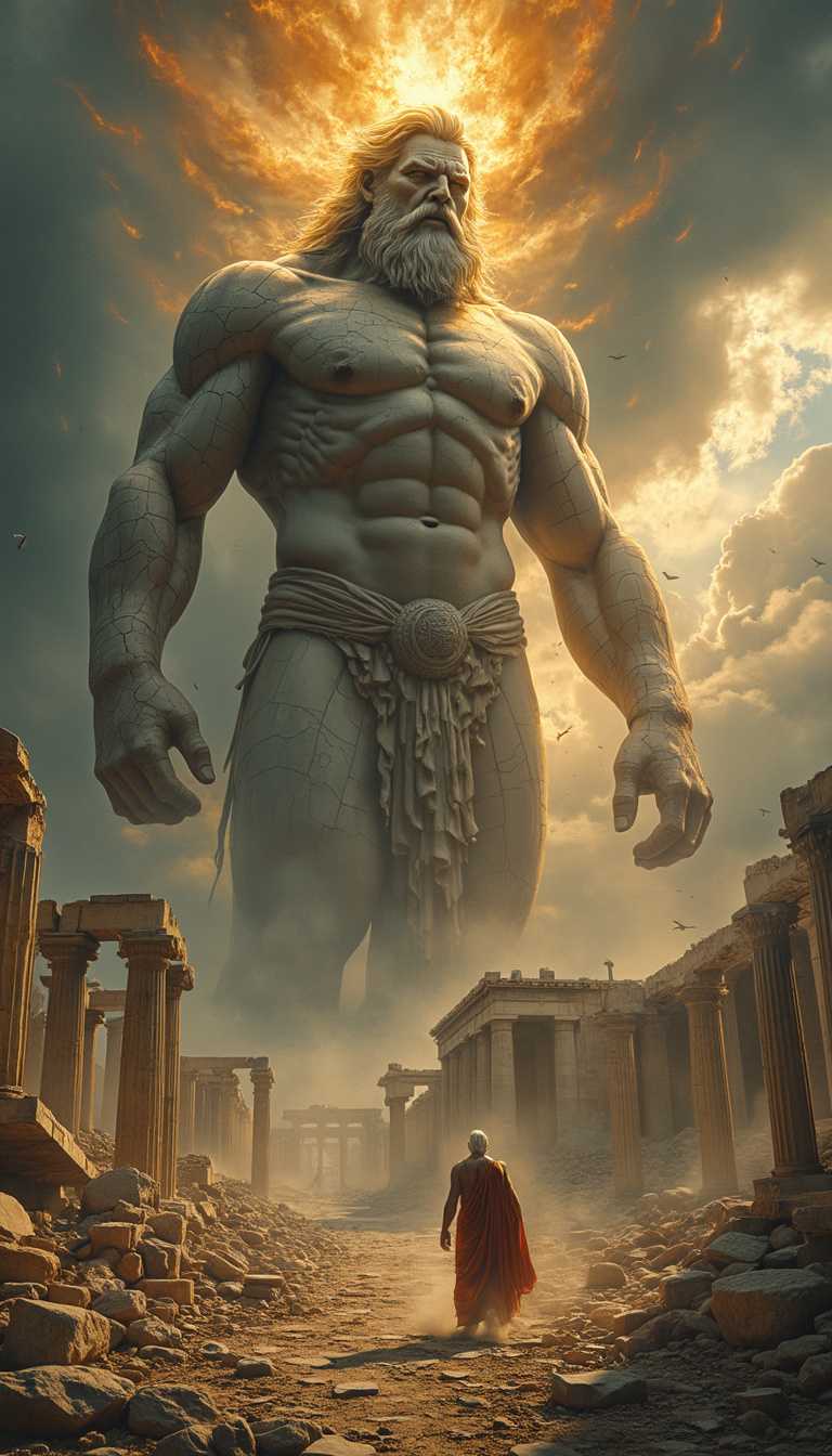 A colossal titan, skin like crackling marble and gold, towers over a ruined Greek metropolis. Its head pierces storm clouds, eyes blazing with primordial fire. Below, the Parthenon crumbles beneath its foot. Broken columns and toppled god statues litter the landscape. Golden dust and divine ashes swirl, painting tales of apocalyptic battle. A lone figure—perhaps Zeus—stands defiant at the titan's feet, a flickering aura against overwhelming darkness. Reality blurs between hyper-detail and abstract brushstrokes, as if the world itself is unraveling.
