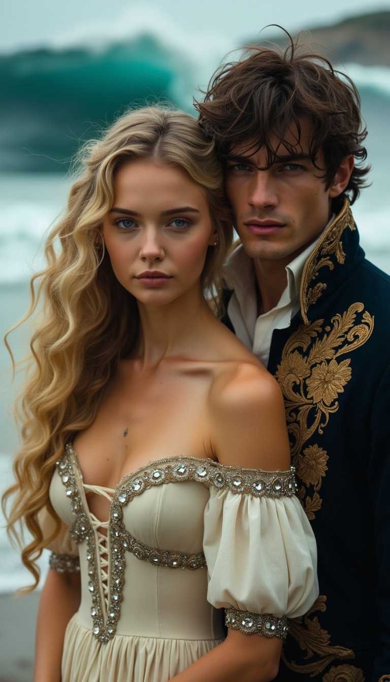In a style of Character Historical infused with elements of sea waves, the image showcases a young woman with long, wavy blonde hair cascading in loose curls, standing gracefully beside a man with dark, tousled hair. She is adorned in a cream-colored period dress, its intricate detailing and off-shoulder sleeves shimmering under soft lighting, accentuated by a jeweled trim that glistens like sunlight on water. Her expression is calm yet serious, blue eyes reflecting the depths of the ocean, while subtle makeup enhances her natural beauty.

The man beside her, clad in a richly embroidered dark jacket with gold accents, gazes at her with an attentive intensity reminiscent of a sailor captivated by the horizon. The backdrop reveals an enchanting cove where a large, blue and white wave begins to break, echoing the rhythm of their unfolding story. The gentle sound of the surf complements the warm, intimate atmosphere, as if the sea itself is a witness to their quiet connection. 