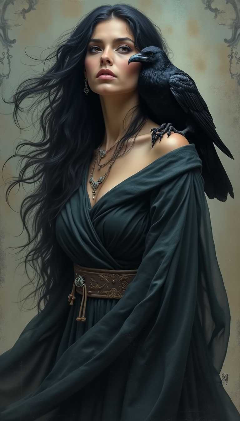 Midjourney_Whisper, With flowing obsidian locks cascading over her ethereal features, a mysterious Spanish  woman stands with her penetrating gaze fixed upon the world beyond. Perched upon her shoulder, a majestic raven exudes an aura of ancient wisdom and enigmatic power. This evocative portrait, perhaps a mesmerizing painting, captures the essence of mysticism and connection to the unseen. Each intricate detail, from the intricate patterns of her robes to the intense eyes of the raven, is rendered with exquisite precision and depth, inviting viewers to be transported into a realm where magic and reality intertwine in harmonious beauty. 