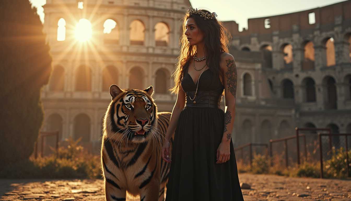 Midjourney_Whisper, gothic woman is standing in the colloseum of Rome accompagnied with a tiger. the gothiw woman has a tattoo of a black rose on her legg. the sun is shining on the pale face of the woman.
