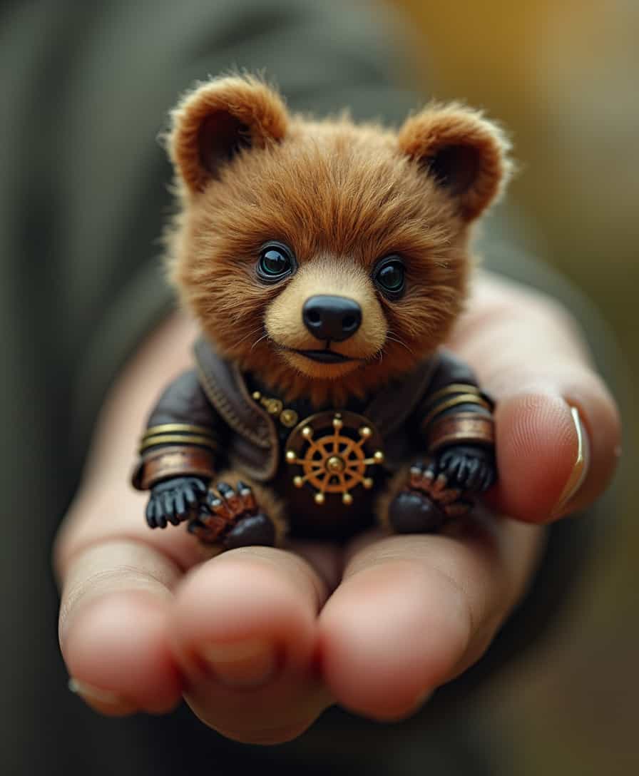 A tiny mini diminutive steampunk grizzly,perches gracefully on a man's outstretched finger