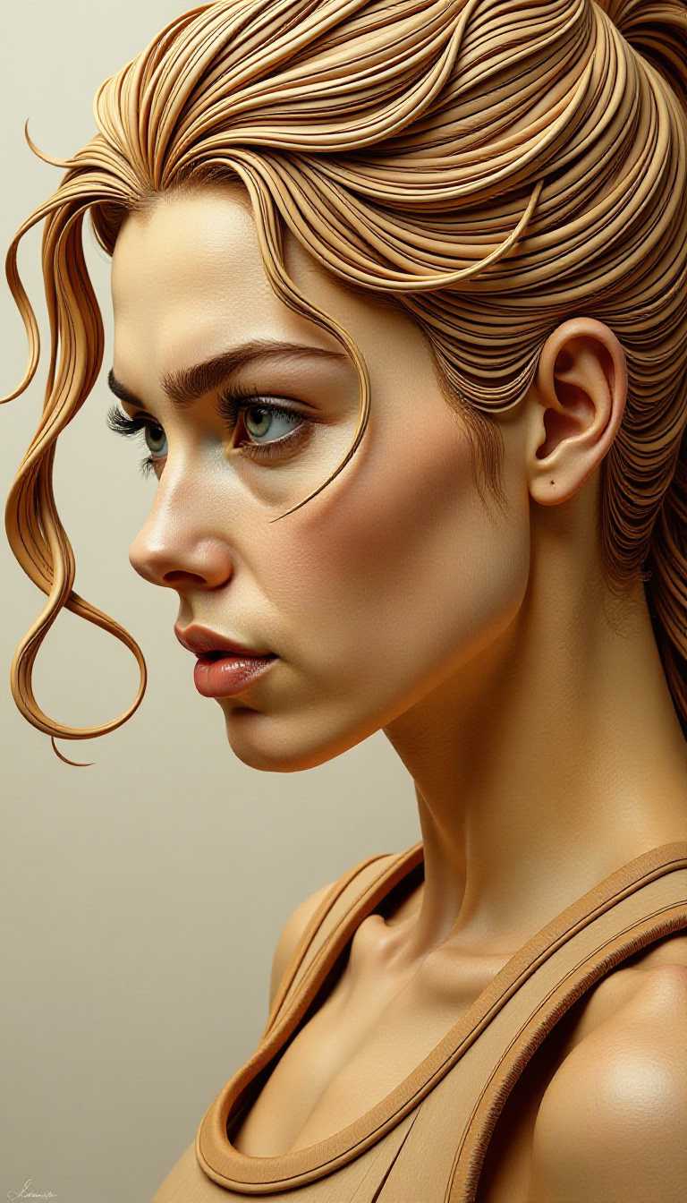 This half body close-up abstract artwork depicts the image of a beautiful female fighter, made of wood. Her face is gentle yet resolute, with light waves of color flowing on her skin as if conveying energy and power. The texture of the wood outlines her contours, displaying a natural sense of rhythm. Her hair undulated like waves, shimmering with light, reflecting her confident and determined expression. The overall composition is unique, blending abstraction and reality, showcasing the elegance and strength of female fighters.