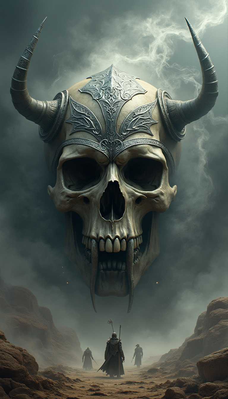 In a style that melds the intricate design of a skull with the fierce essence of a barbarian, the image features a large, elaborately crafted skull adorned with silver metal accents, embodying both beauty and brutality. At the center, the skull's hollow eyes seem to pierce through the darkness, reflecting a warrior's spirit. Surrounding it are swirling, ethereal smoke rings that dance like ghostly warriors in the air, imbuing the composition with an otherworldly and mystical quality.

Behind the skull, a dark, stormy sky looms, adding a dramatic backdrop that enhances the skull's formidable presence. The landscape is shrouded in fog, evoking a haunting desolation that echoes the battles fought by ancient warriors. Earthy tones and somber greys enrich the scene, while soft, natural lighting casts a subtle glow on the skull, highlighting its intricate details and the fierce determination it represents.
