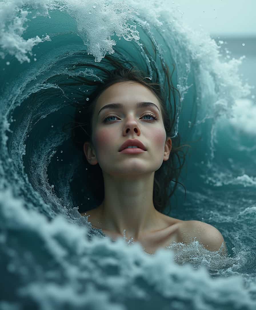 Midjourney_Whisper, The image features a woman whose hair is intricately sculpted from flowing water, cascading down her shoulders in graceful waves reminiscent of the sea. Her skin glistens with a subtle sheen, reflecting the deep blues and greens of the ocean surrounding her. The background is filled with dynamic sea waves, their frothy white crests contrasting against the darker, deeper hues of the water. The woman's expression is serene, embodying a connection to nature, with her eyes mirroring the tranquil depths of the sea. Surrounding her are droplets of water that catch the light, creating a shimmering effect that enhances the ethereal quality of the scene. The composition is balanced, with the woman positioned centrally, drawing the viewer's eye. The perspective is slightly low, emphasizing the height of the waves and creating a sense of grandeur. The lighting is soft and diffused, likely coming from an overcast sky, which adds a mystical aura to the image. Keywords: surreal, ethereal, fantasy, oceanic, fluid dynamics, harmony with nature, soft lighting, balanced composition, low perspective, shimmering textures.