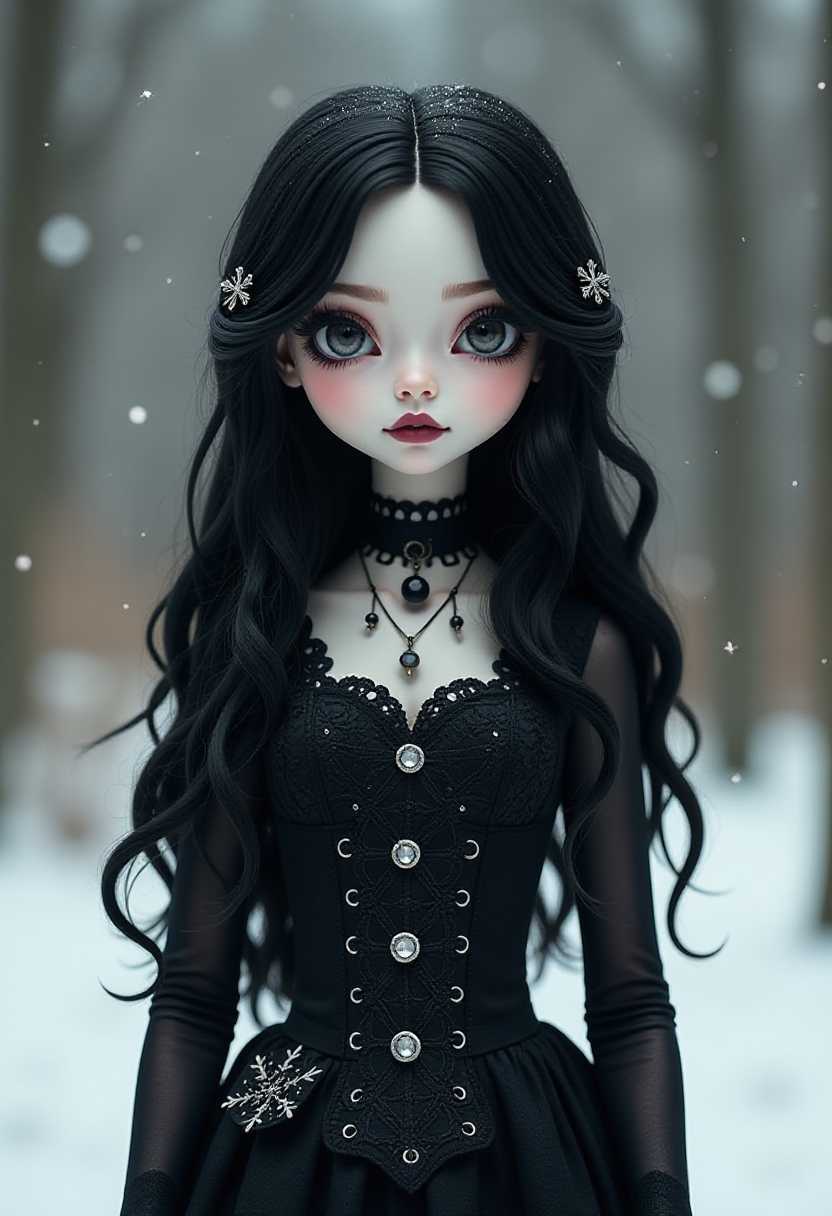 goth girl. The girl stands confidently in the center of the image, her strikingly pale skin contrasting sharply with her dark attire. She wears a Victorian-inspired black lace dress adorned with intricate patterns and silver accents that catch the light. Her long, raven-black hair cascades in loose waves, partially covering her face, which is framed by dark, smoky eye makeup and deep plum lipstick. vivid colors. Snow, xmas theme.
This image features simplified characters and scenery that appear to be 3d model painted wooden figures or puppets without strings. 

