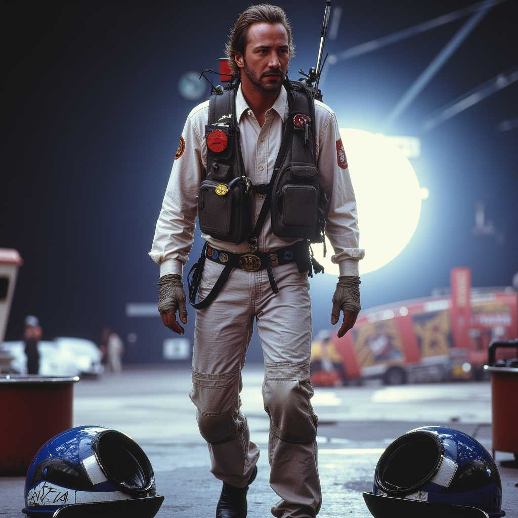 Ghostbusters The Afterlife movie set Actor in character costume with proton pack and helmets