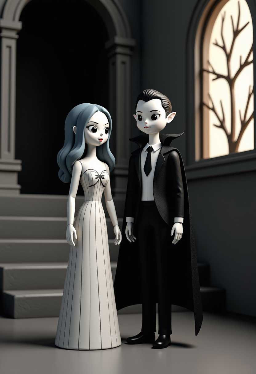 The characters are dressed in costumes that suggest a gothic theme. The figure on the right is wearing a black suit with a white shirt and a dark tie, and a cape that drapes over one shoulder. The cape is detailed with a lighter shade of black, creating a sense of depth and volume. The characters hair is black and slicked back, and the ears are pointed, which are common characteristics of a vampire.The figure on the left is wearing a long, flowing dress that is predominantly white with vertical stripes, giving it a classic gothic look. The dress has a fitted bodice with a bow at the waist, and the sleeves are long and full, ending in gloves. The characters hair is a muted bluegray, styled in waves, and the eyes are large and expressive.The background of the image is a dark, stone staircase leading up to a doorway, with a window to the right that allows a ray of light to enter, casting a shadow on the wall. The window frame is detailed with a pattern of branches, which adds to the gothic ambiance. The stairs are empty, and there is a sense of stillness in the scene.This image features simplified characters and scenery that appear to be 3d model painted wooden figures or puppets without strings. 