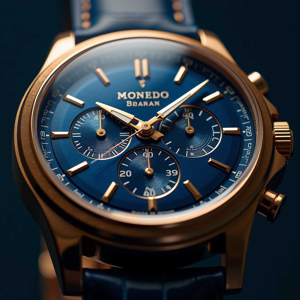 luxury golden watch. blue background. close up view. nothing obstructs the logo. the logo is the focus point .