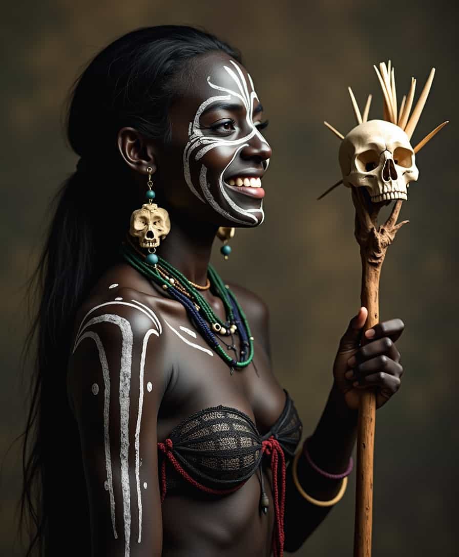 A beautiful female witch doctor smiling while casting a spell. She has a staff made of bones and skulls. She has a black skin with white tribal paintings over her body and she wears tribal clothing.