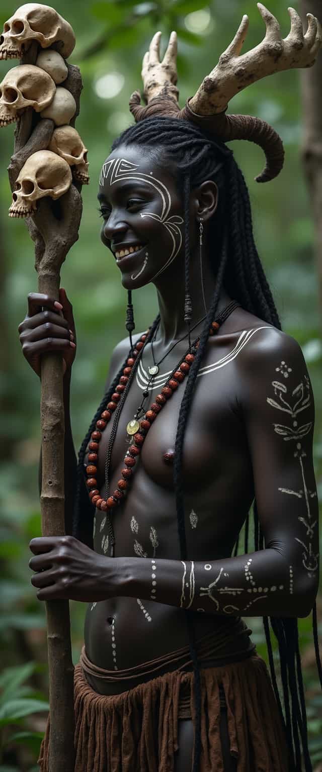 Cinematic style, realism, cinematic quality, Midjourney_Whisper,
A beautiful female witch doctor smiling while casting a spell. She has a staff made of bones and skulls. She has a black skin with white tribal paintings over her body and she wears tribal clothing.