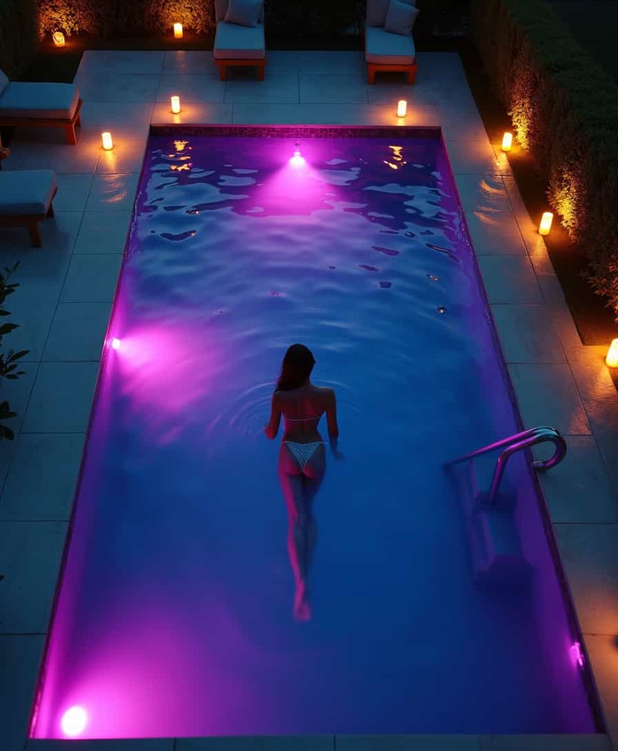 cinematic and photorealistic drone shot from above at night, young slim woman swimming in pool, only illuminated by purple led pool lights, terrace of luxury villa at night, candle lights, clear night, dark scene, high details, 8k, intrinsic detailed