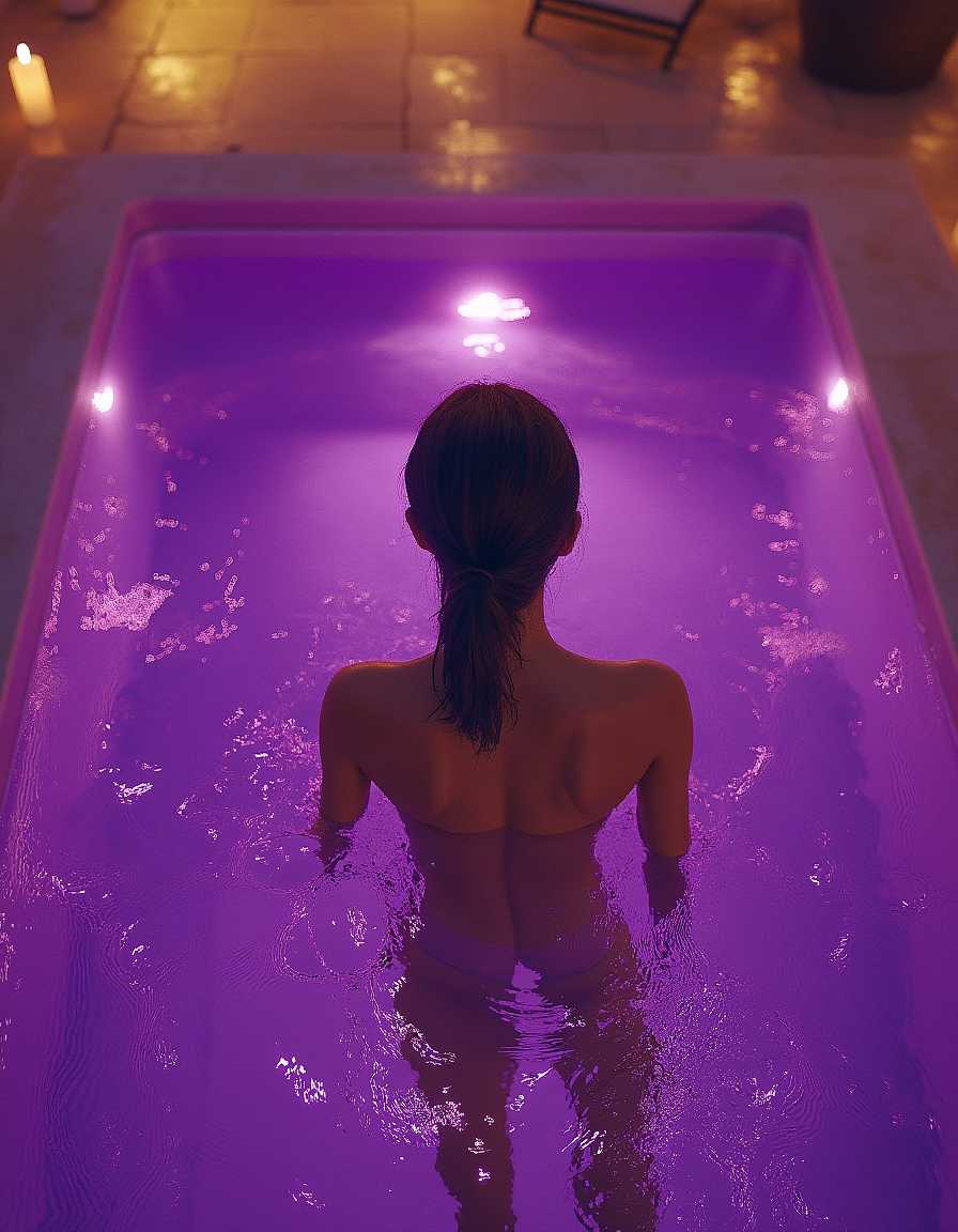 cinematic and photorealistic drone shot from above at night, young slim woman swimming in pool, only illuminated by purple led pool lights, terrace of luxury villa at night, candle lights, clear night, dark scene, high details, 8k, intrinsic detailed