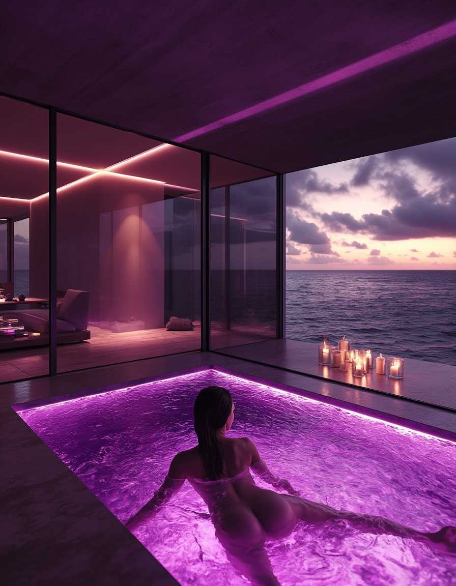 cinematic and photorealistic drone shot from above at night, young slim woman swimming in pool, only illuminated by purple led pool lights, terrace of luxury villa at night, candle lights, clear night, dark scene, high details, 8k, intrinsic detailed