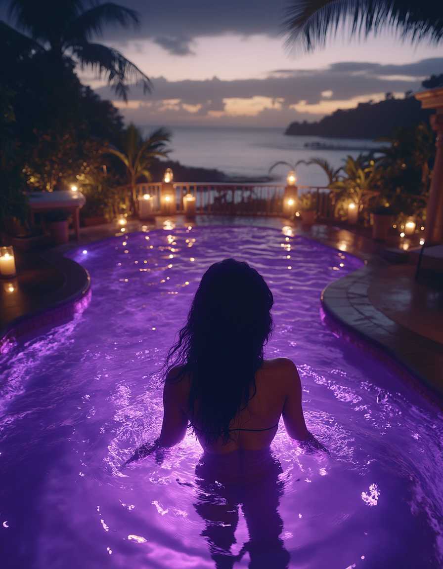 cinematic and photorealistic drone shot from above at night, young slim woman swimming in pool, only illuminated by purple led pool lights, terrace of luxury villa at night, candle lights, clear night, dark scene, high details, 8k, intrinsic detailed