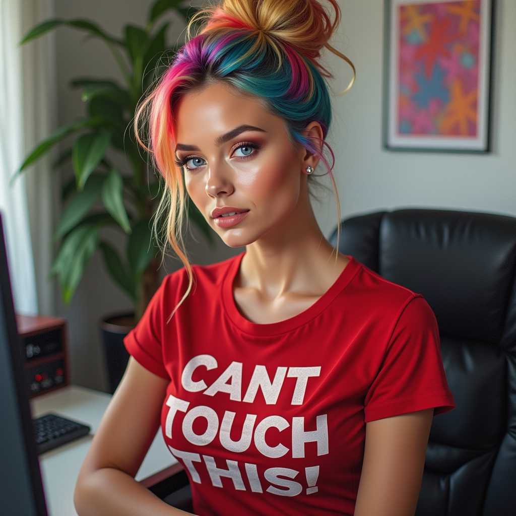 A beautiful woman with a rainbow updo hairstyle and blue eyes Wearing red T-Shirt that says, "CANT TOUCH THIS!", she's sitting at a computer desk in her bedroom. airbrushed oil painting. there is a hand grabbing one boob