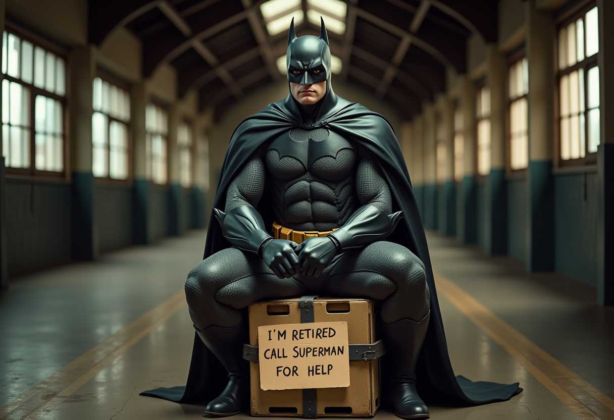 create a realistic image of Batman, looking at viewer,  sitting on a crate with a sign on cardboard that's reads "I'm retired call superman for help" background a 1950's train station