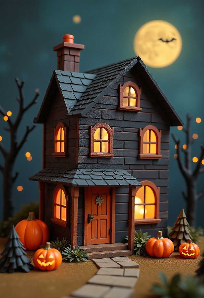retro halloween cartoon house.This image features simplified characters and scenery that appear to be 3d model painted wooden figures or puppets without strings. 